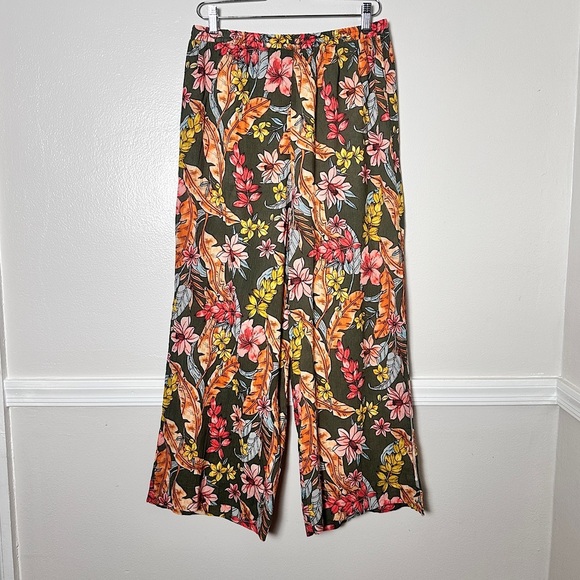 Sanctuary Wide Leg Cropped Pants Side Slit Cotton Lightweight PullOn Floral - Picture 1 of 16